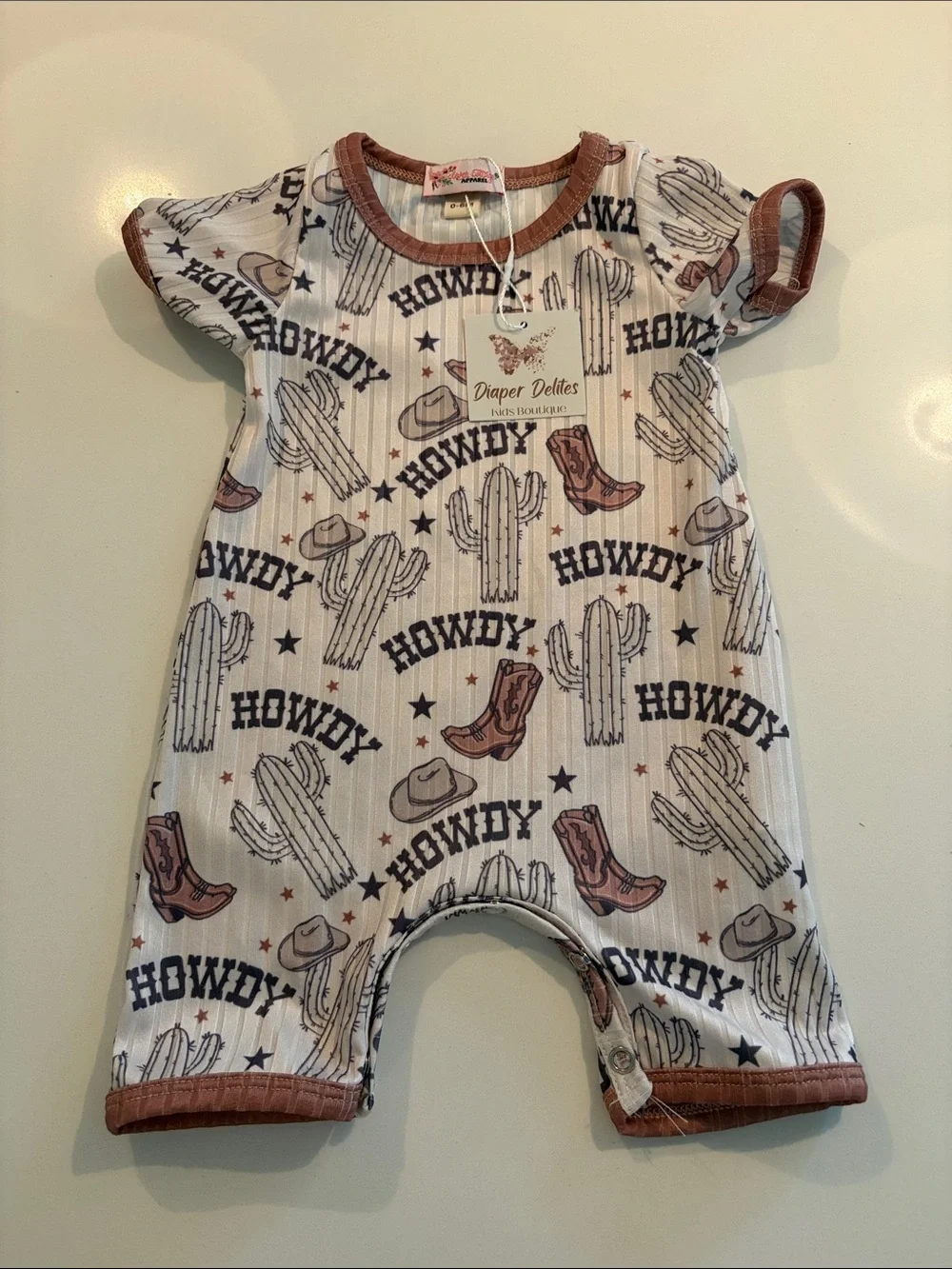 Howdy Cowboy Short Sleeve Romper - White with Brown Trim